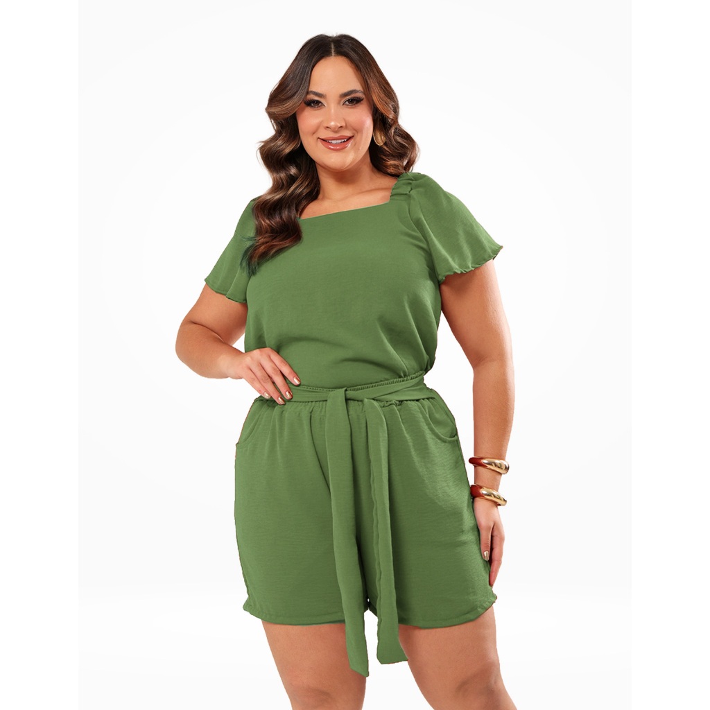 Conjunto Plus Size Feminino Blusa Manga Soltinha + Short com Elástico Duna Verão Elegante Confortável Bolso