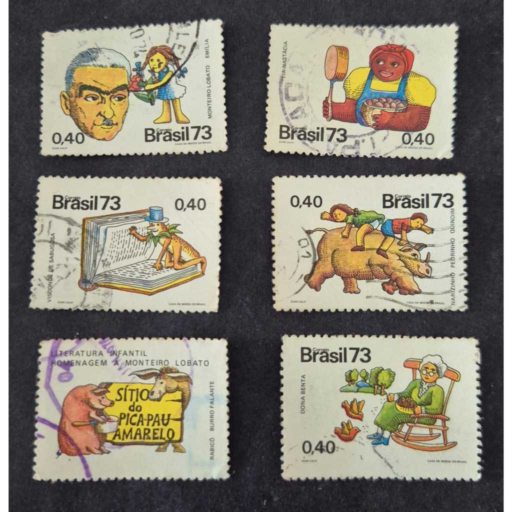 Série completa de selos usados dos correios 1973 - Homenagem a Monteiro Lobato. C806 a C810