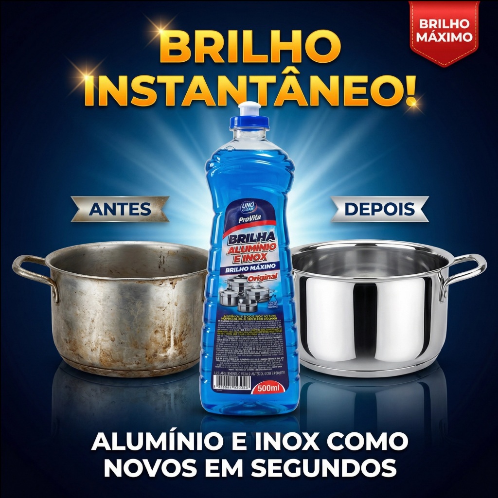 Imagem Limpa Alumínio e Inox ProVita 500ml Brilha Panelas Fogão Utensílios Remove Crostas Manchas Gordura