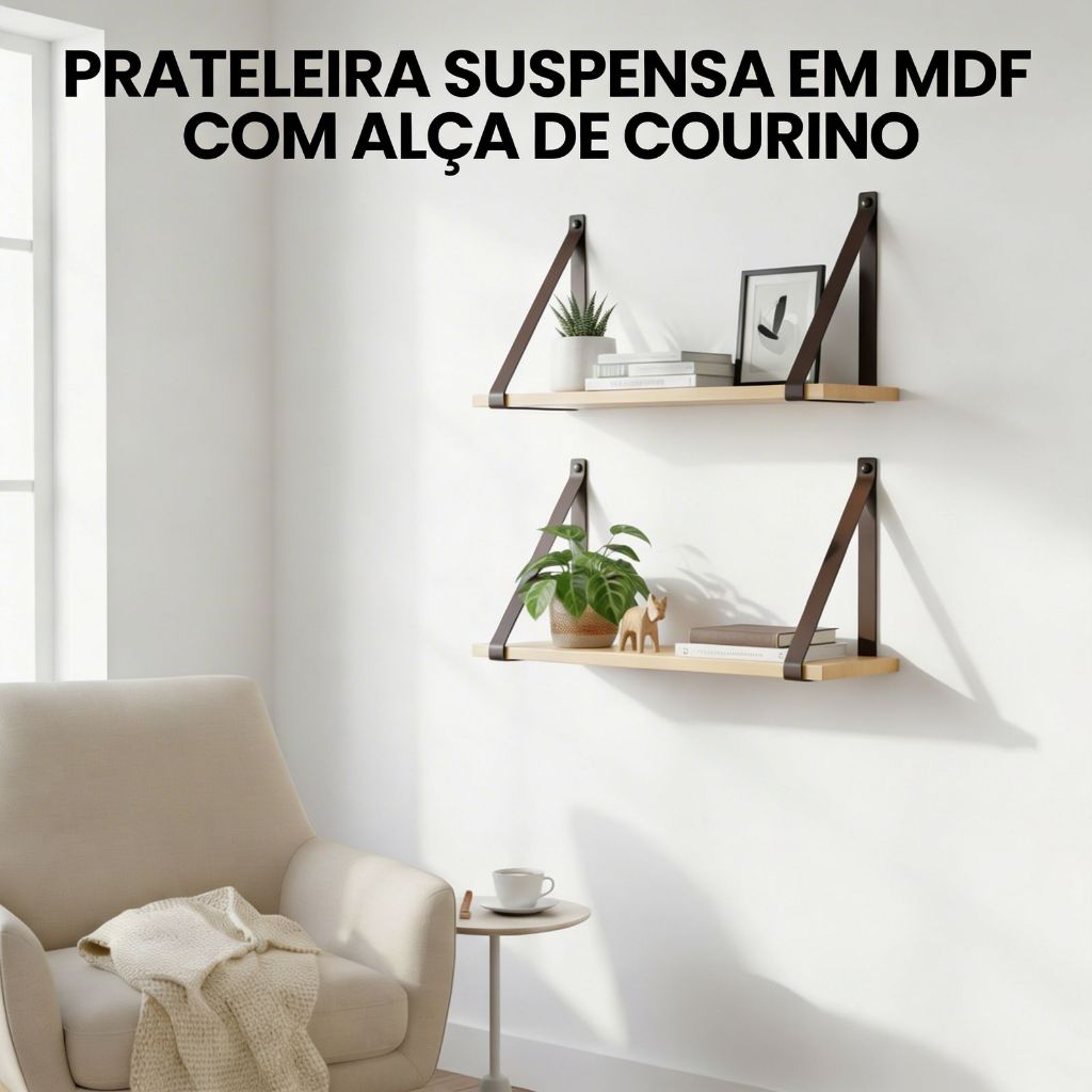 Kit 2-4 Prateleiras Suspensa MDF Alça Corino Premium Sala Quarto Banheiro Estilo Moderno Minimalista
