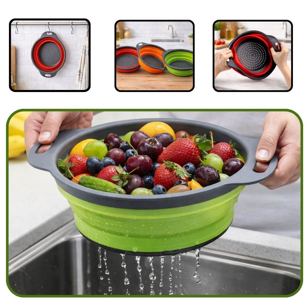 Escorredor Redondo Retrátil Dobrável Silicone Multiuso Verduras Frutas Arroz Macarrão Casa