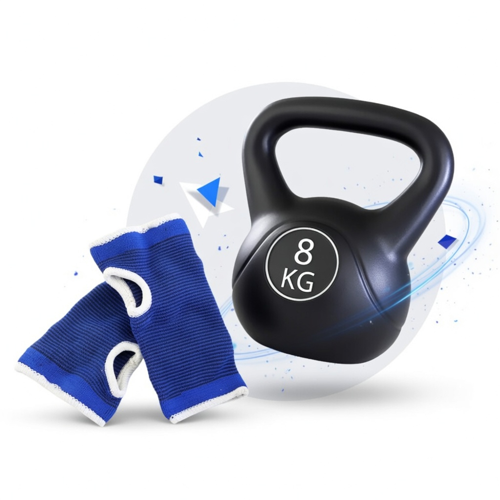 Kettlebell 8kg Peso de Academia Musculação Ahead Sports Exercícios Variados + Par de Munhequeira Azul
