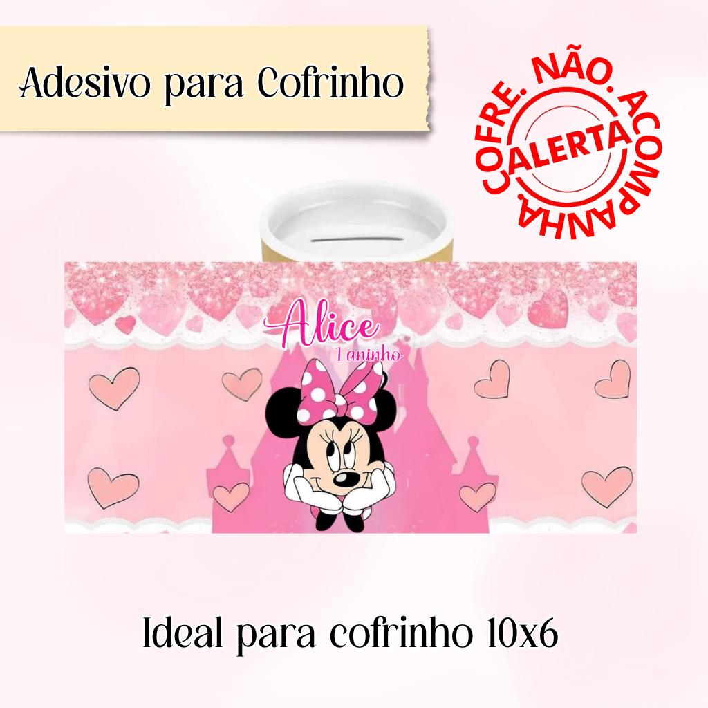 Rótulo Adesivo para Cofrinho Personalizado Minnie - Adesivo Personalizado Cofrinho 10x6 Minnie Rosa