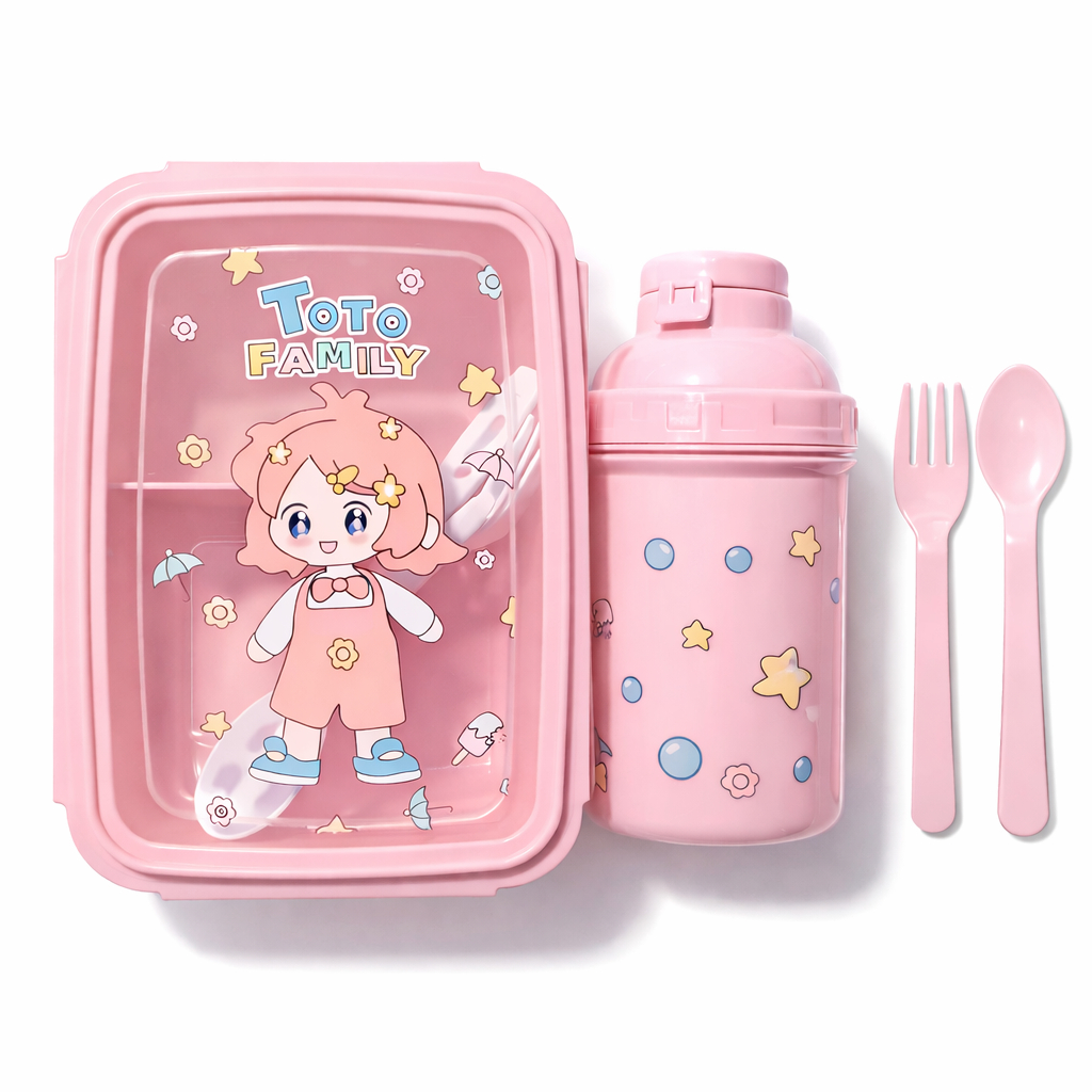 Conjunto Marmita Infantil com Talher e Garrafinha Toto Family Para Merenda Escolar e Viagem Kit Lanche Menina