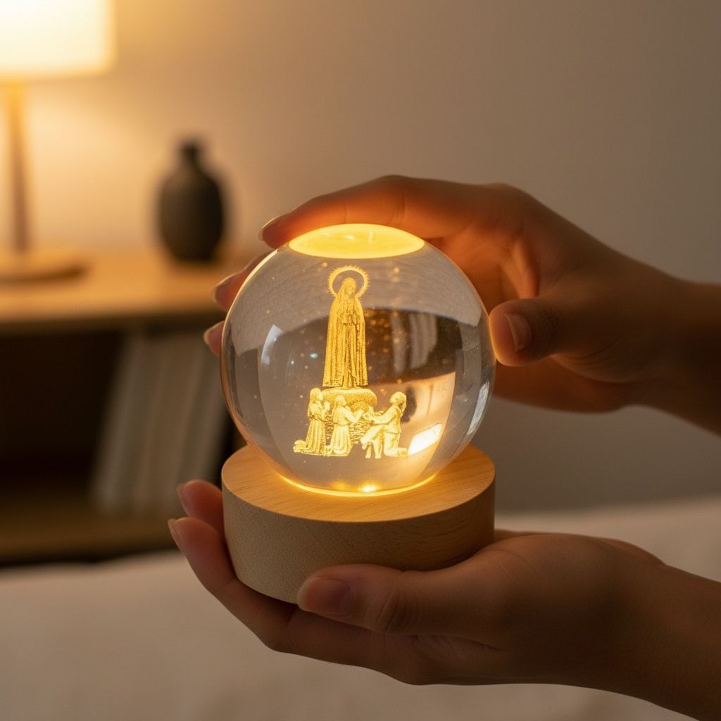 Luminaria Nossa Senhora de Fatima Globo Vidro com Led Luz Quente Decoração USB