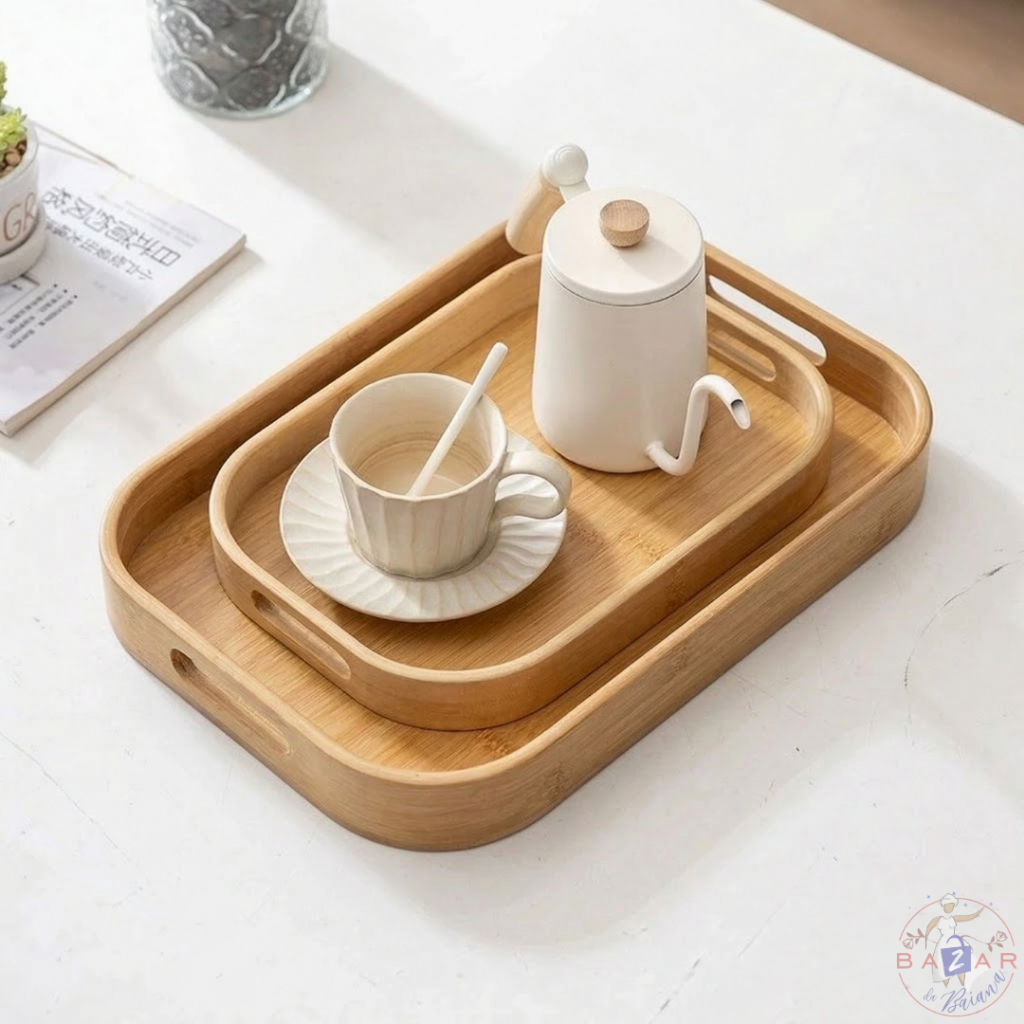 Bandeja Retangular Premium de Bambu para Café, Design Elegante e Decorativo Luxo