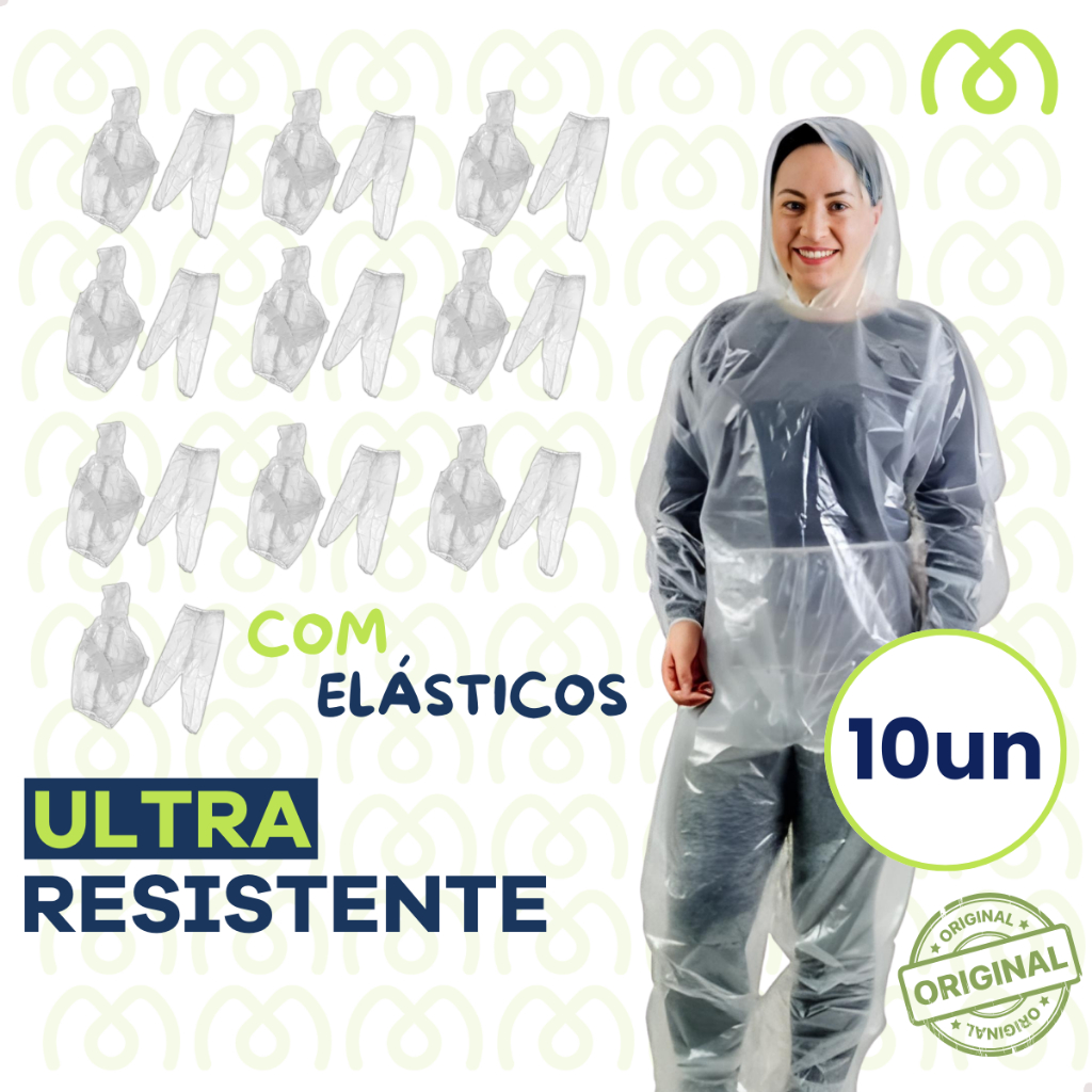 Kit 10 Capa de Chuva Conjunto Transparente com Elástico Jaqueta Calça Capuz Reutilizável Resistente