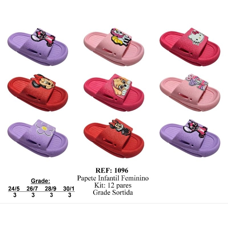 kit 12 pares sandália chinelo feminino infantil personagens papete confortável atacado revenda