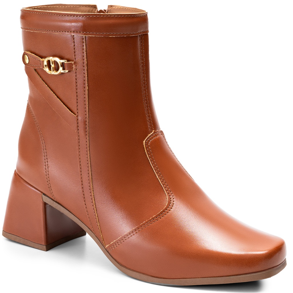 Bota Feminina Lumiss Detalhe Metal Cano Curto Salto Bloco Baixo Caramelo