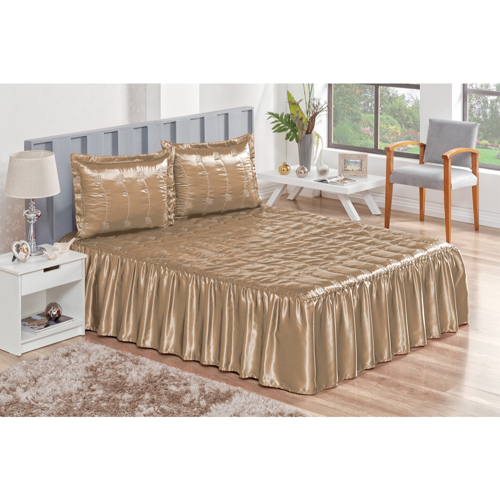colcha de cama casal cetim maravilhosa 3 pçs altura do babado 42cm