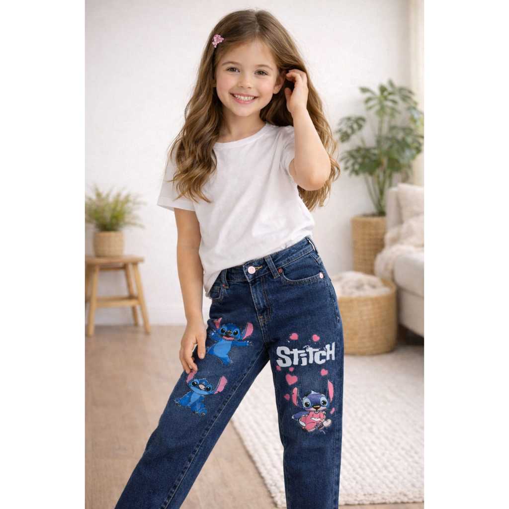 Calça Jeans stitch,  Hello kity e capivara Infantil Tia Dani Kids  Roupa de criança Roupa para Meninas