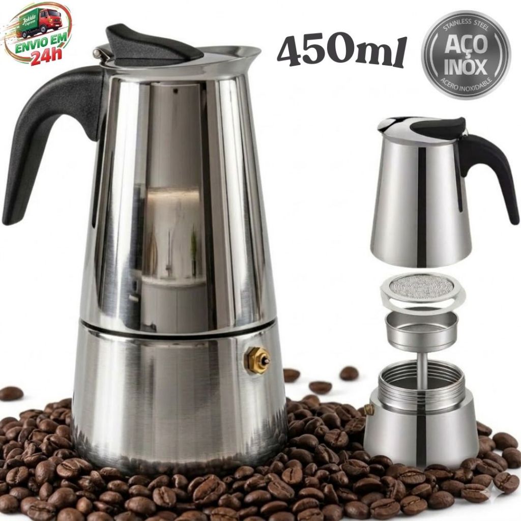 Imagem Cafeteira Expresso Italiana 450ml Aço Inox 9 Xícaras De Café Chá Prático Rápido Cafeteira Moderna  e Resistente