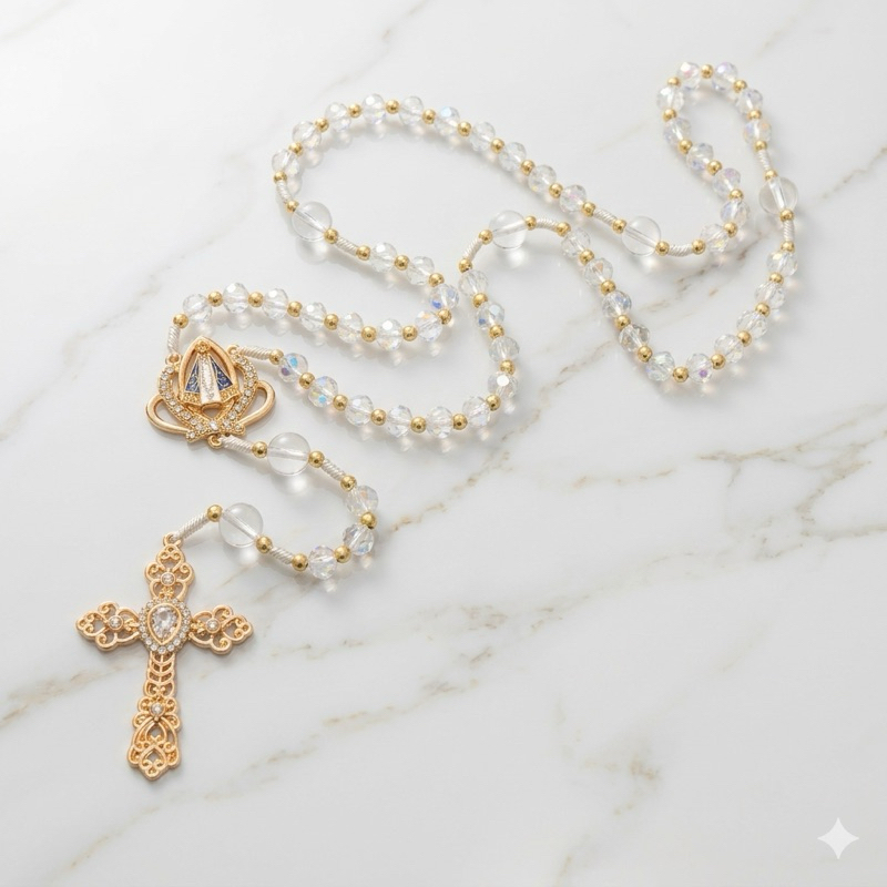 Terço Cristal Com Caixinha Noiva Terço Católico Lembrança Luxo Crucifixo Folheado em Oferta na Shopee