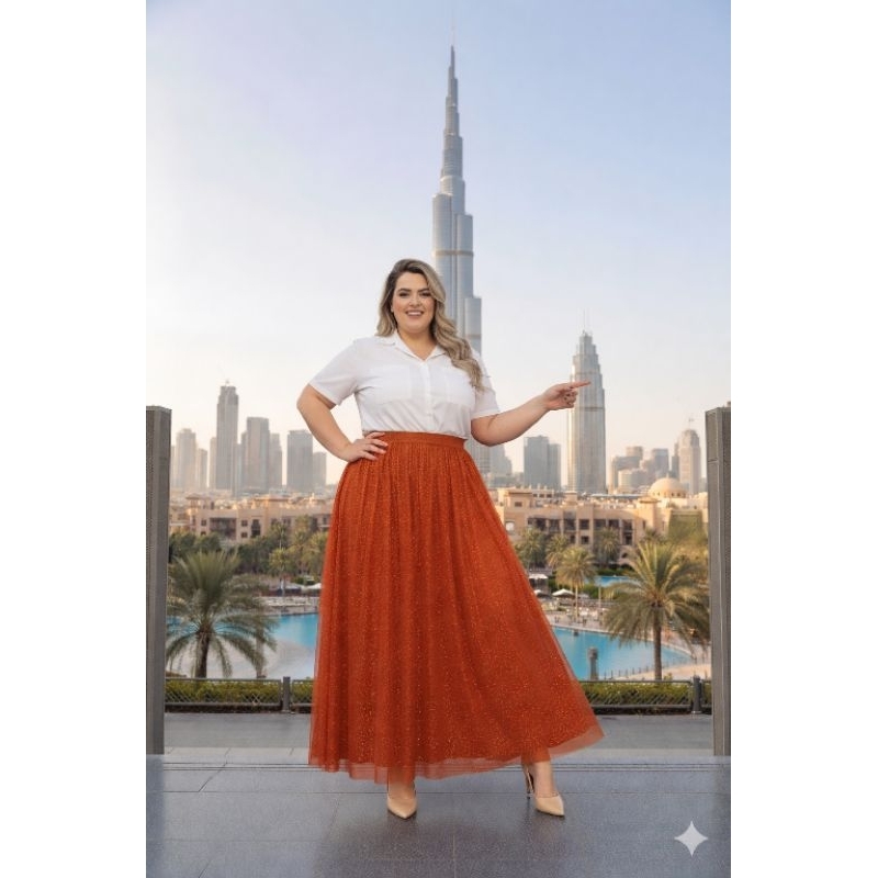 Saia longa plus size de tule Cristal com brilho Glitter com forro elanca