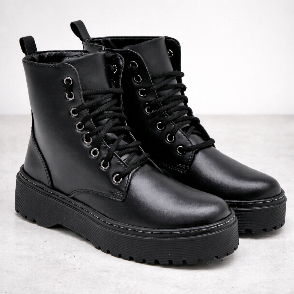 Bota Coturno Blogueira Militar Feminino Cano Alto Com Cadarço e Zíper Preto Plataforma