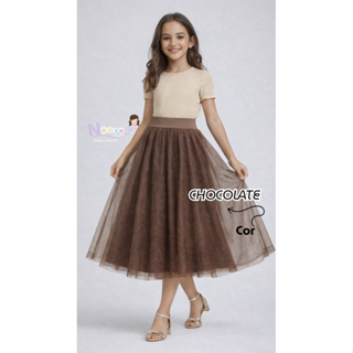 Saia Infantil Marrom /Café/ chocolate / de Tule com Glitter – Moda Evangélica – 6 a 14 Anos em Oferta na Shopee