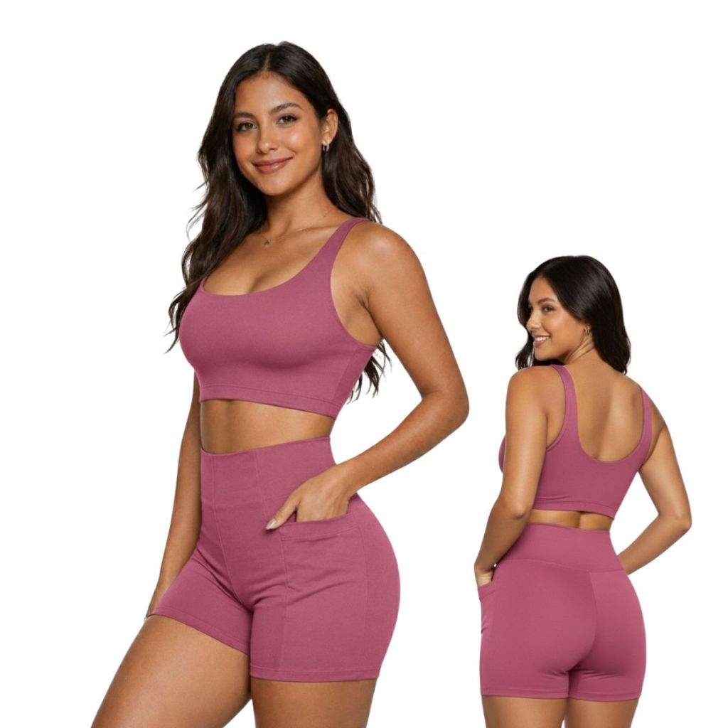 Conjunto Fitness  Shorts com bolso e Top Duplo Em Poliamida Proteção UV50+