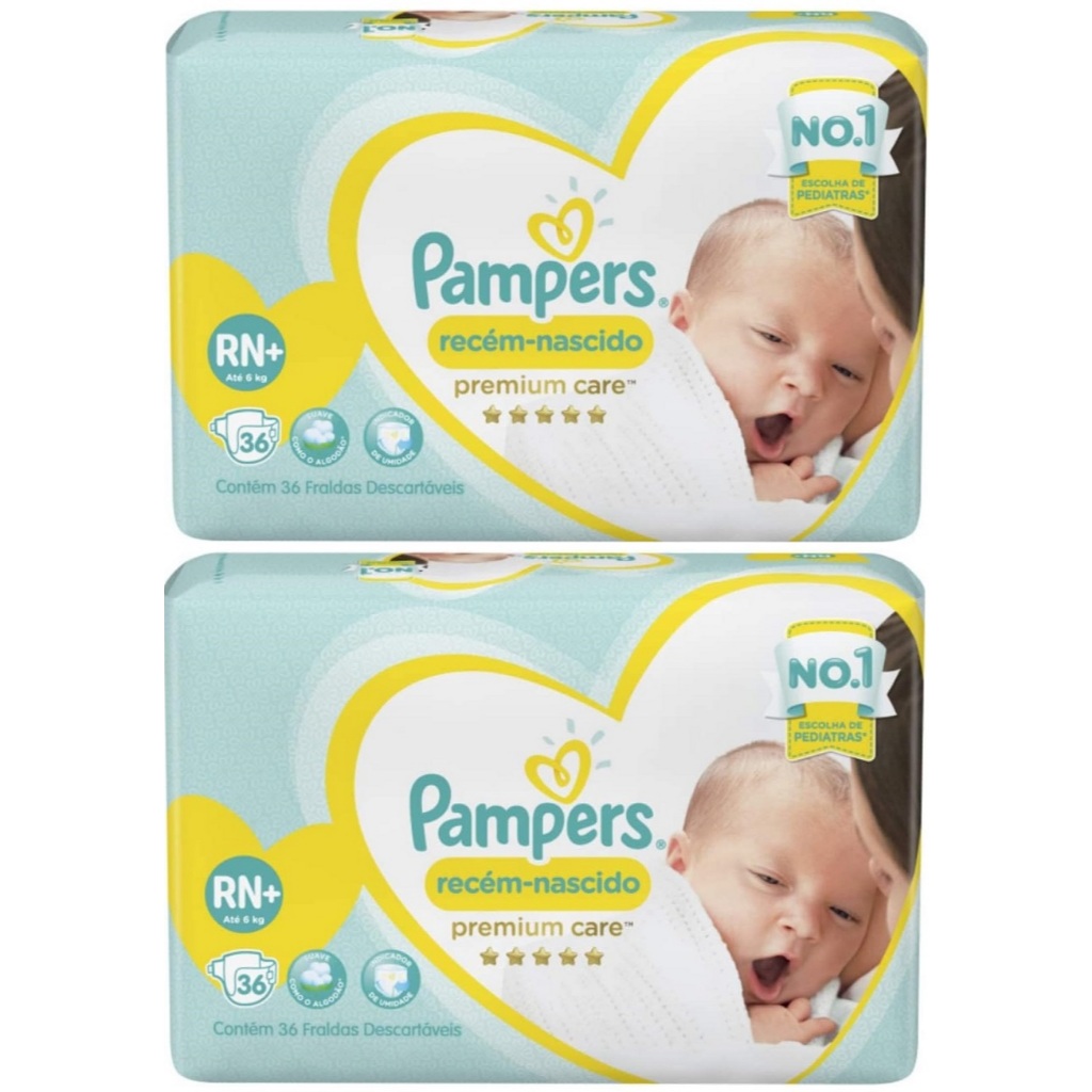 Kit 2ptes Fraldas Pampers RN+ Premium Care 36un até 6kg - Total 72 unidades