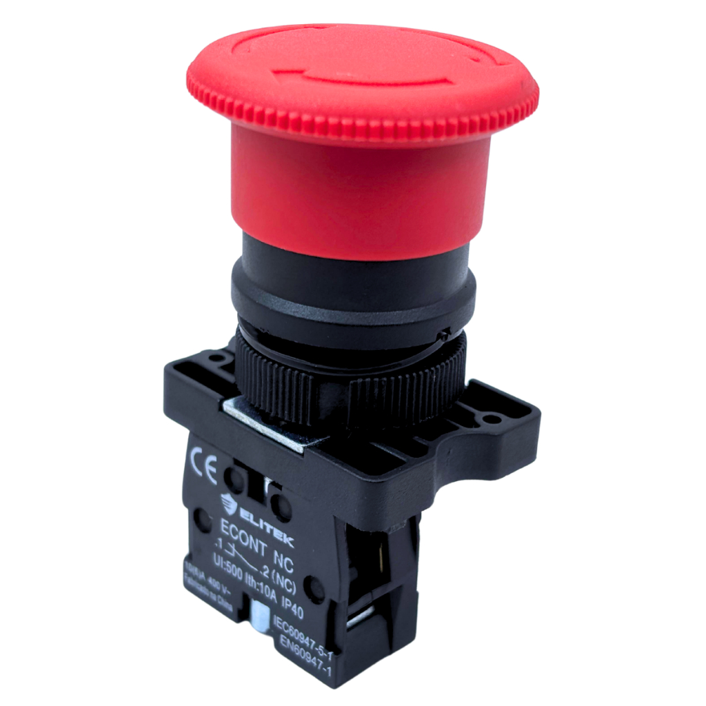 Botão de Emergência Cogumelo Vermelho 22mm 1NF Trava e Destrava Interruptor Industrial Boteira Painel Comando