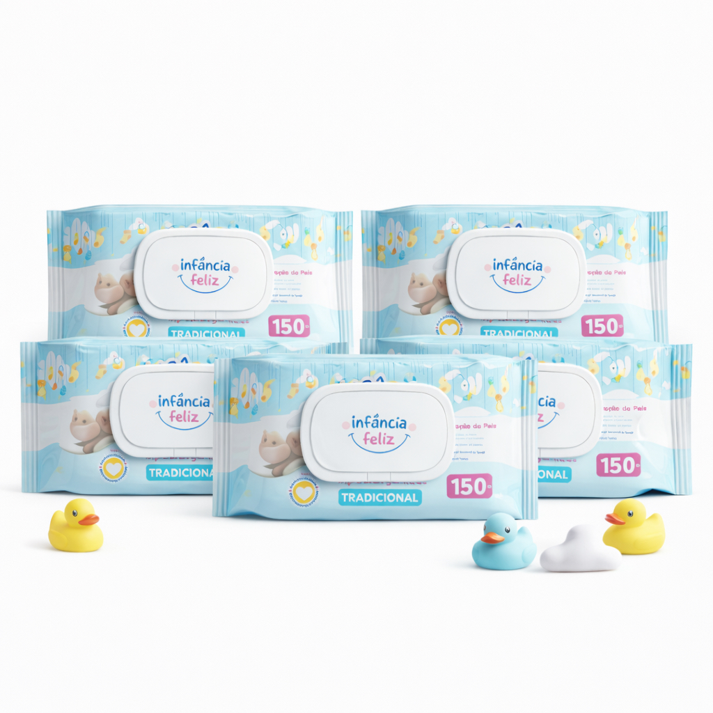 Kit 5 Pacotes Toalhas Umedecidas Infância Feliz 150 Folhas Com Tampa Flip Top 98% Água