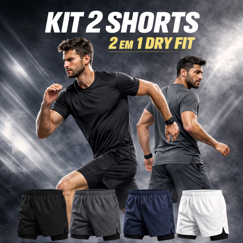 KIT 2 Shorts 2 em 1 Dry Duplo Bermuda Academia Masculina Treino Corrida Com  Elastano