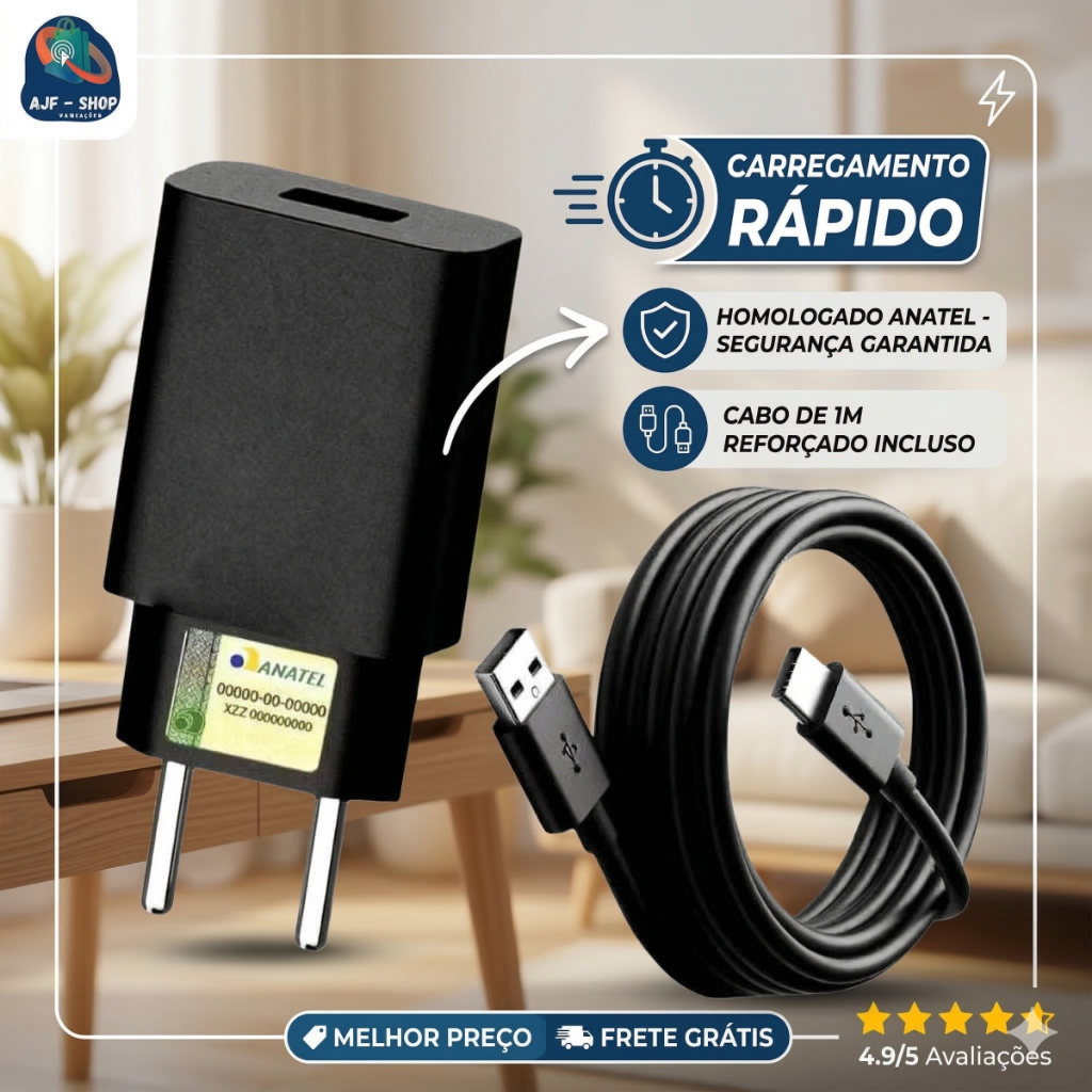 Carregador 50W Turbo Tipo C Para Celular Android Fonte e Cabo USB-C Resistente em Oferta na Shopee