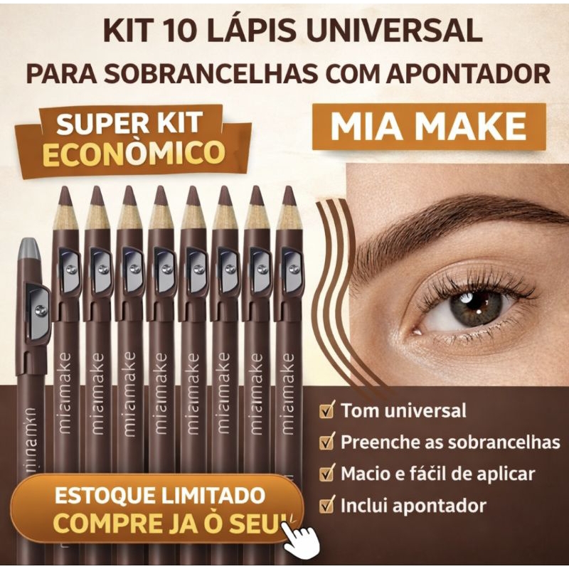 Kit 10 Lápis Universal para Sobrancelhas Mia Make com Apontador | Alta Precisão | Tom Universal | Profissional