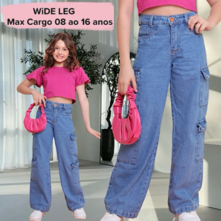 Calça Cargo Jeans Claro Meninas Juvenil infantil Soltinha Perna Larga em Oferta na Shopee