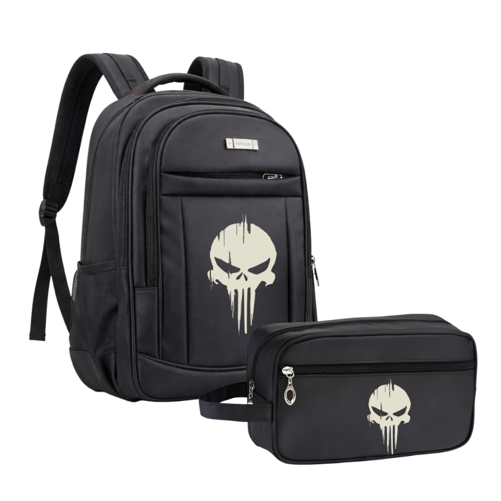 Kit Mochila Grande Alça Resistente trabalho Notebook Caveira
