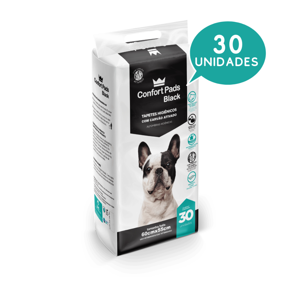 Tapete Higiênico Confort Pads Preto 60x55 - 30 Un - Ultra Absorvente e Disfarça Manchas em Oferta na Shopee