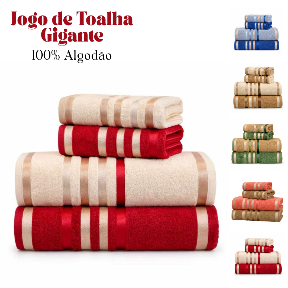 Jogo de Toalha Banho e Rosto 4 Peças 100% Algodão Gigante Ótima Absorção Felpuda Macia Colore