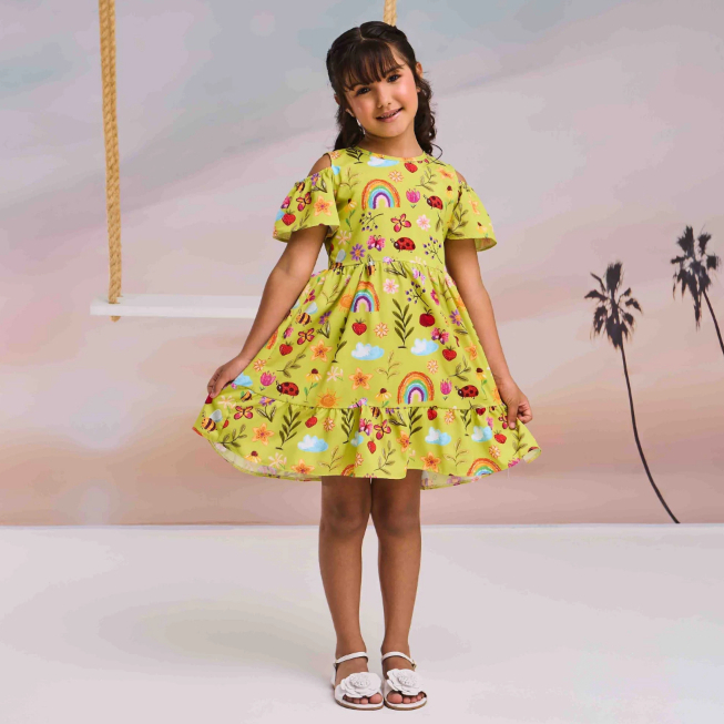 Vestido Infantil Feminino Estampado Arco-Íris Jardim Verão Menina Tam 6 Roupa Infantil Festa Passeio