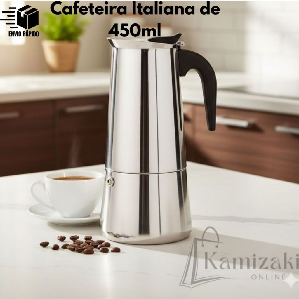 Cafeteira Italiana Inox 450ml 9 Xícaras Café Forte e Saboroso – Cafeteira Portátil Manual para Fogão