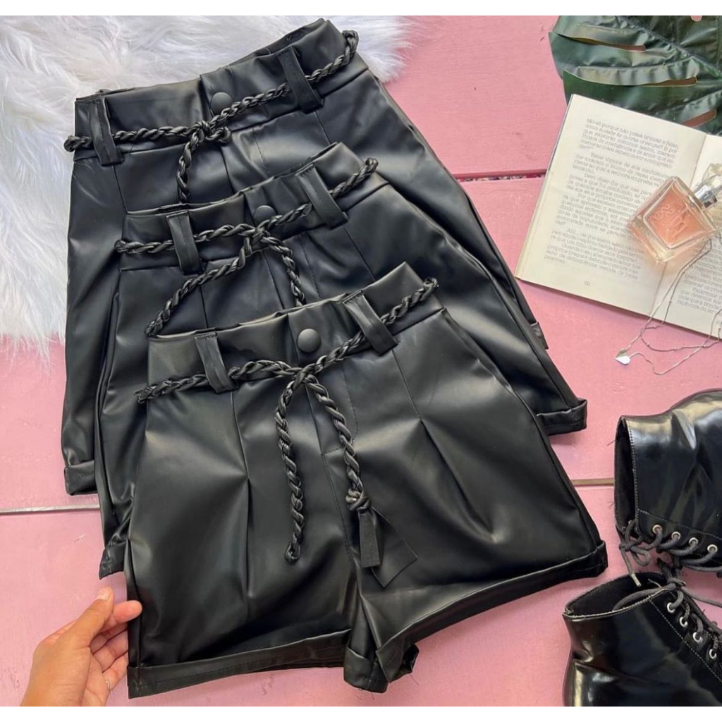 Short Feminino Couro Courino Cinto De Cordão Amarração Social