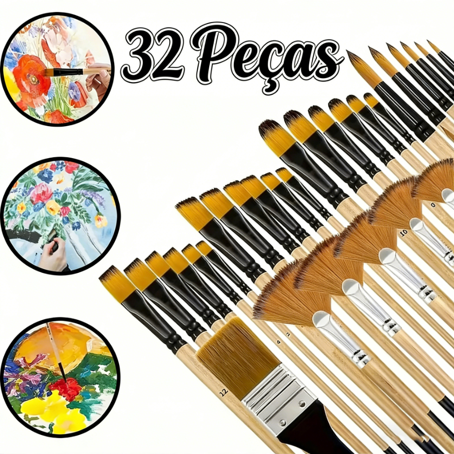 Kit 32 Pincéis Profissional Para Pintura Artística Acrílica Tela Òleo