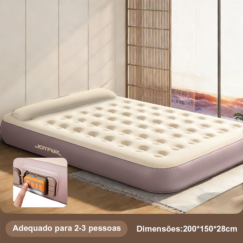 Colchão Inflável Queen JOYFOX com Bomba Recarregável 3 Min 300kg Colchão de Ar com Travesseiro para Casa Camping Hóspede