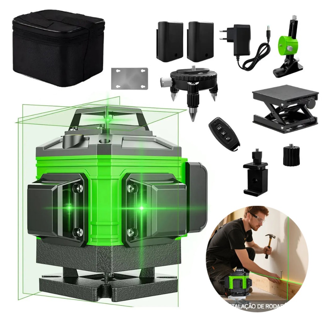 Nível A Laser Verde 16 Linhas 4d 360° Profissional Nivelador Autonivelante Com Suporte Parede + Base Giratório