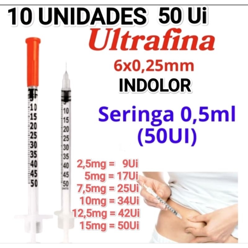 Seringa de Insulina 50ui Agulha Fixa 6x0,25mm 0,5ml KIT COM 10 UNIDADES - full
