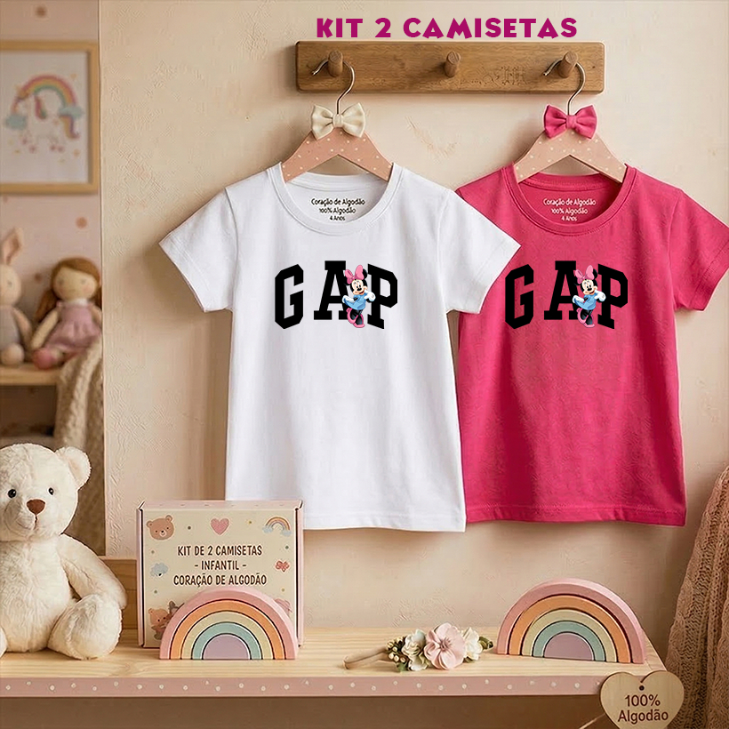Kit 2 Camisetas Infantil Menina - Minnie estilo GAP - Algodão Confortável Roupa Infantil 2 a 16