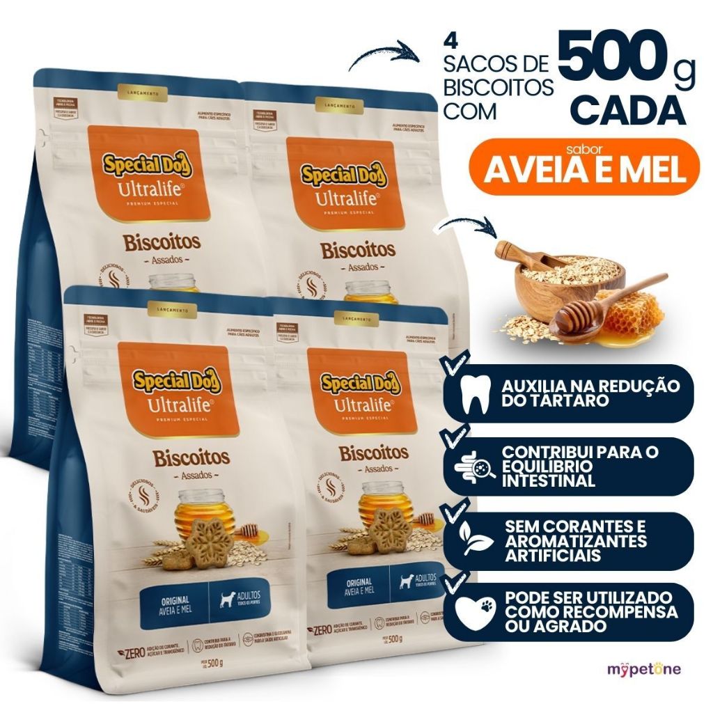 4 Biscoito Special Dog Ultralife para Cães Adultos Aveia e Mel 500g Petisco Nutritivo para Cachorro