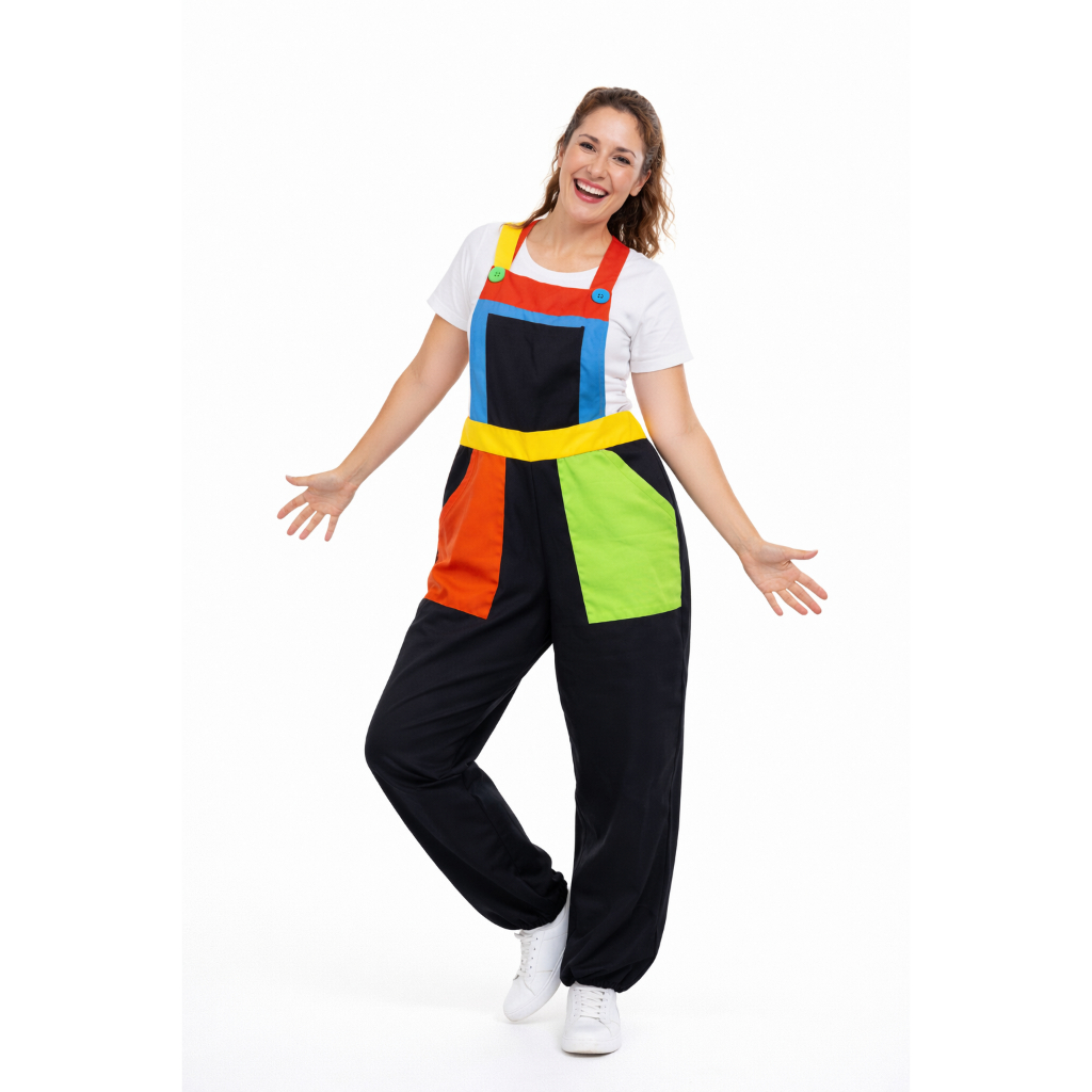 Macacão Colorido Recreação Profissional Uniforme Animador Festa Eventos Buffets Confortável P ao EXG
