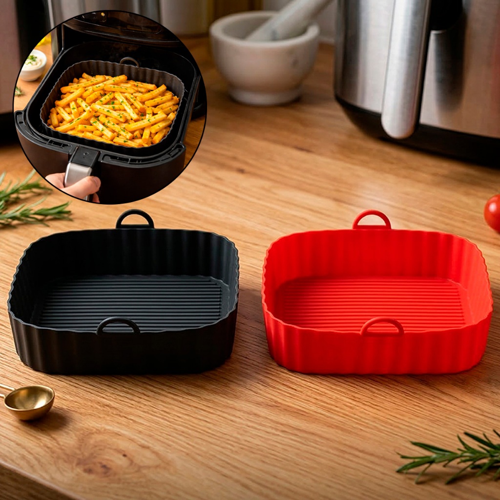 Forma de Silicone Quadrada para Air Fryer Antiaderente Grande Assadeira 16 cm e 19 cm