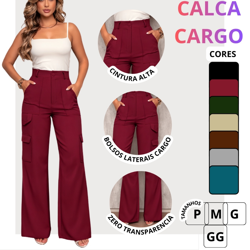Calça Cargo Feminina Elegante Cintura Alta Calça Pantalona Social Cargo Tipo Jeans Calça Alfaiataria