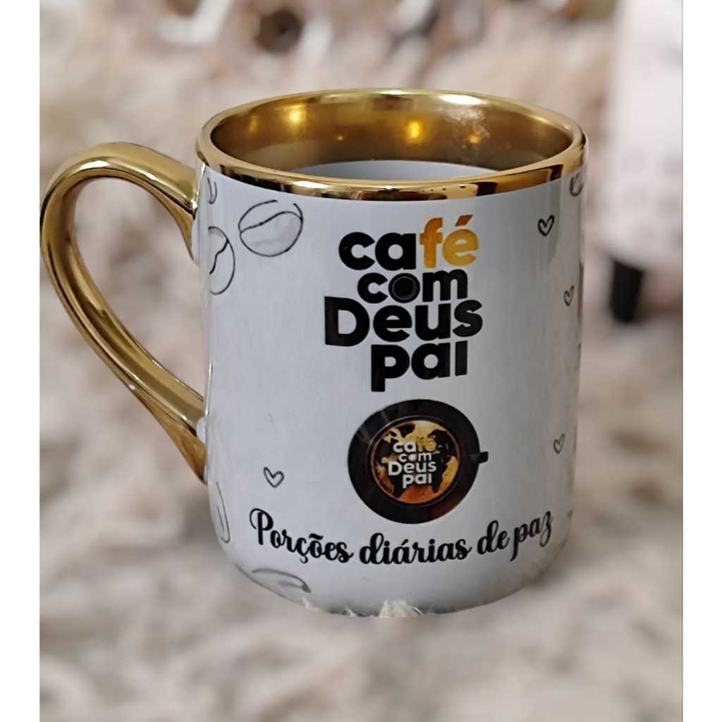 Caneca Imperial Alça e Borda Dourada Café com Deus Pai  Exclusiva -Visual Luxo e Diferenciado