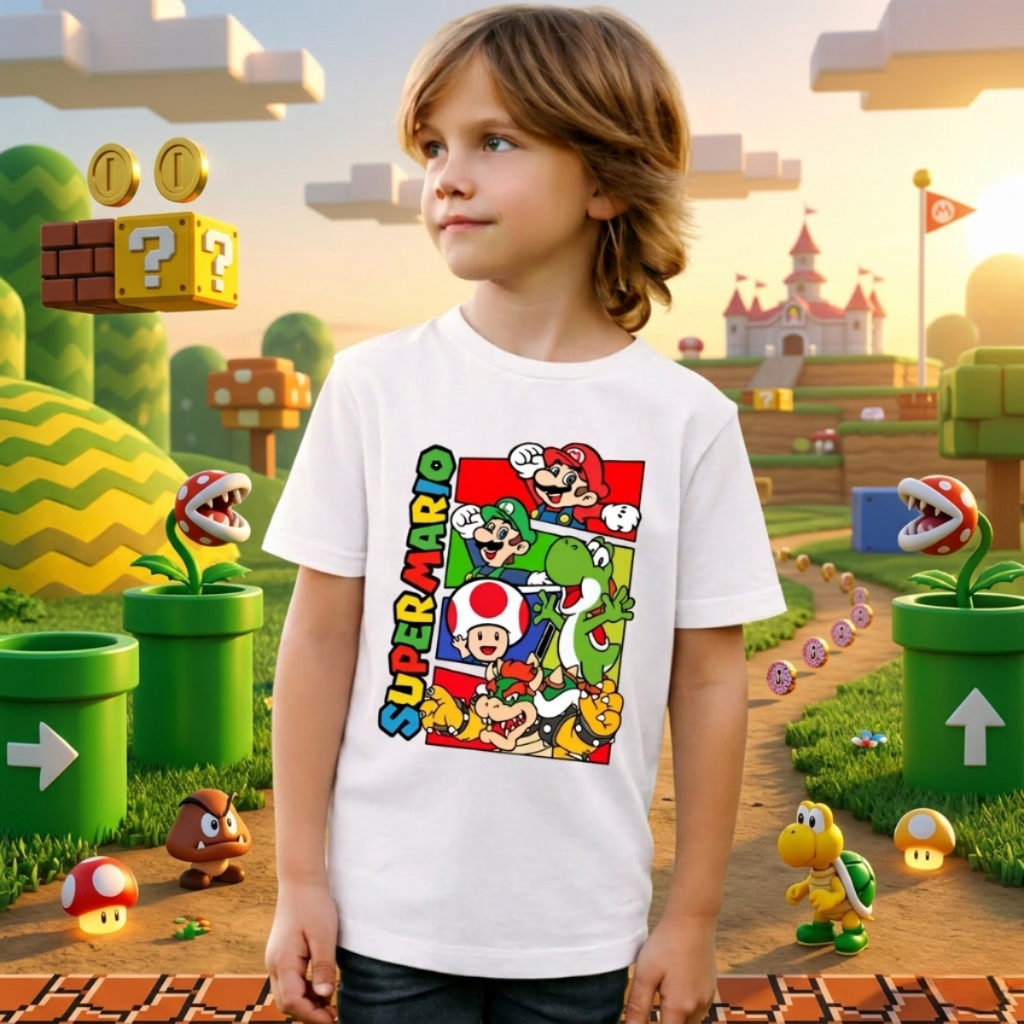 Camiseta Infantil Super Mario Bros Menino 100% Algodão Camisa Personagem Gamer Mario Luigi Yoshi