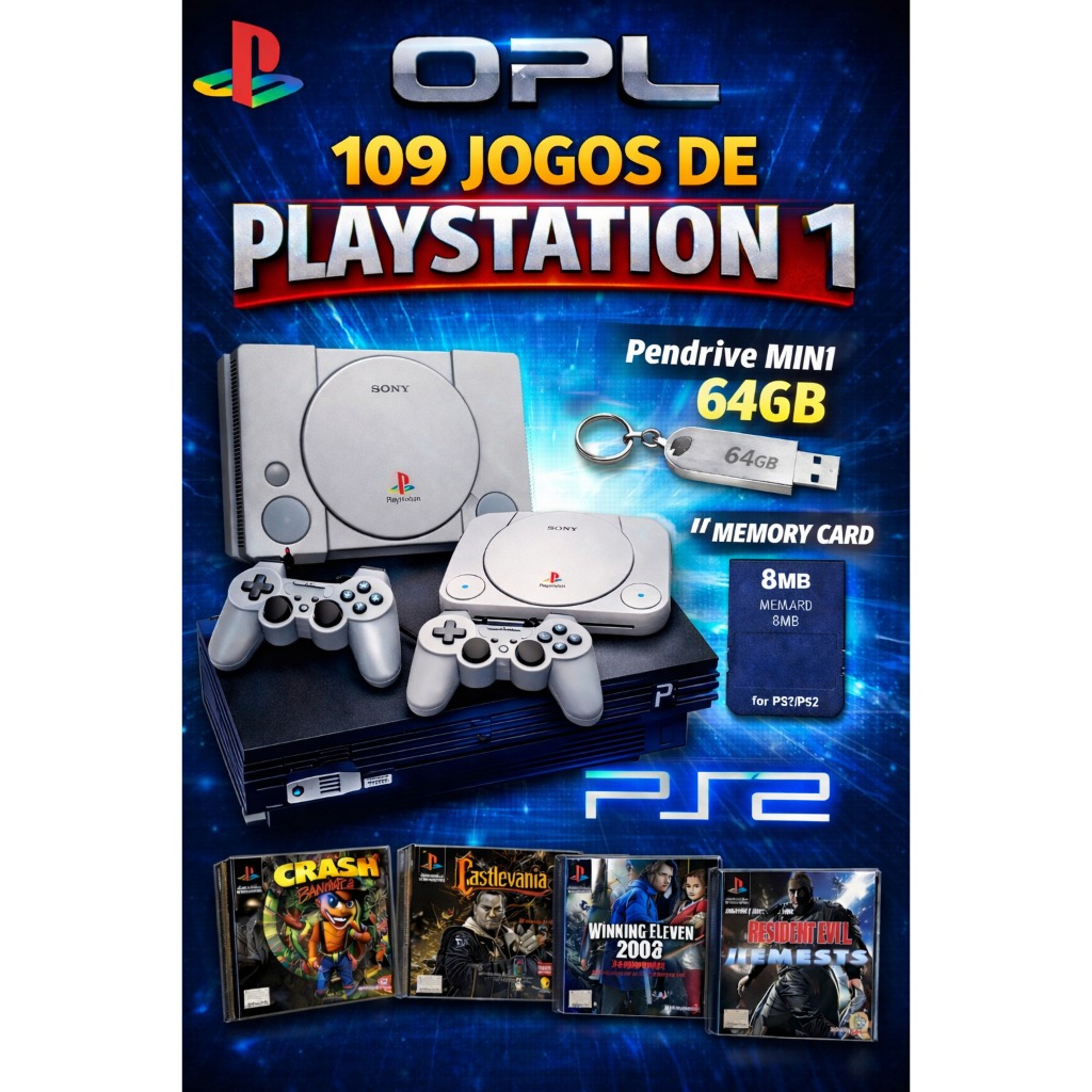 Opl Kit Ps1 No Seu Ps2 - 109 Jogos -  Pendrive 64gb + memory card 8mb