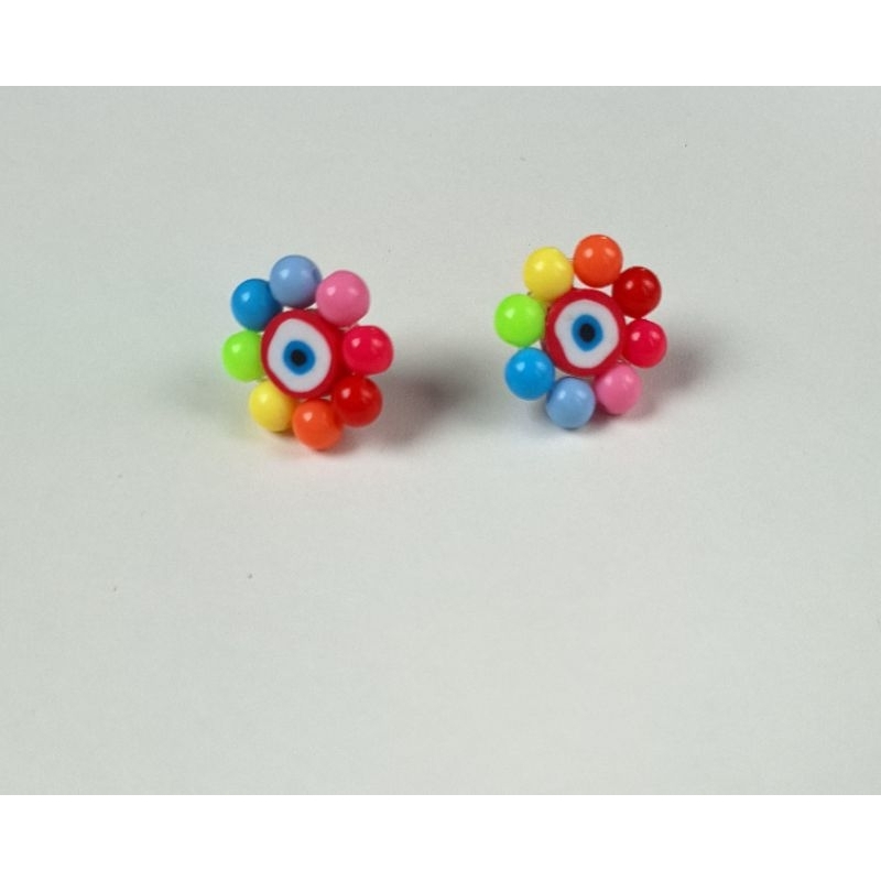 BAIK 24- Brinco flor micanga colorida, miolo olho grego vermelho, pino e tarracha de silicone( nao dá alergia).