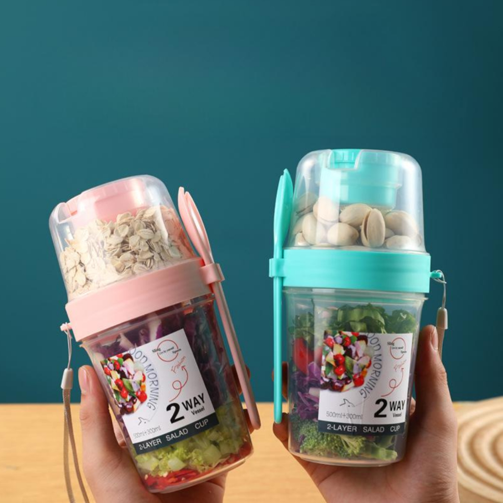 Copo Para Salada De Dupla Camada Portátil Caixa Plástica Selada Frutas Lancheira Multiuso