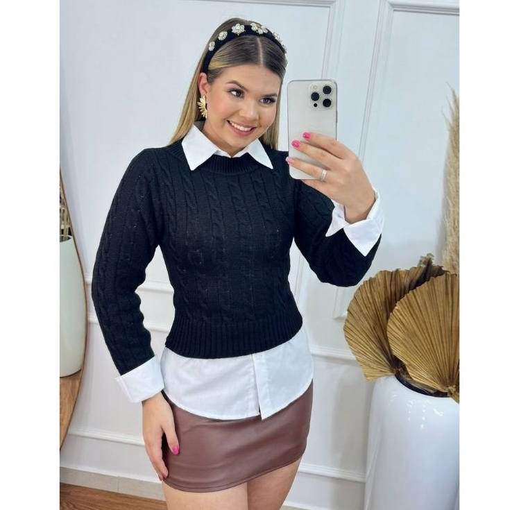 Blusa Feminina Tricot Cropped Manga Longa Canelado Trança Tricô Modal Premium Moda Inverno Outono
