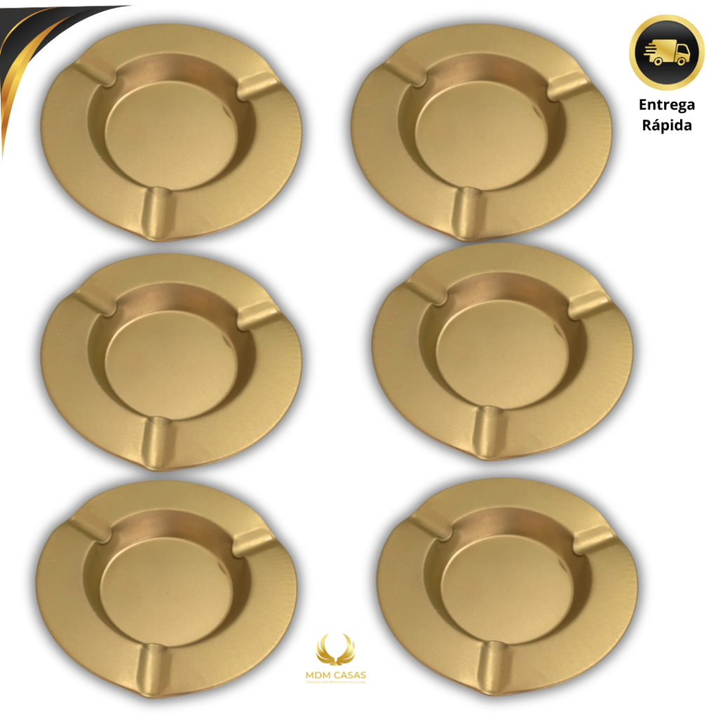 6 ou 3 Cinzeiros Redondo Dourado Metal Resistente Lavável